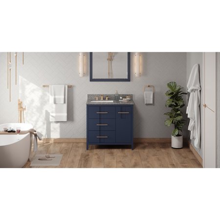 JEFFREY ALEXANDER 36In. Blu Katara Vanity, Left Offset, Boulder Vanity Cultured Mrbl Vanity Top, Undrmnt Rctngl Bowl VKITKAT36BLBOR